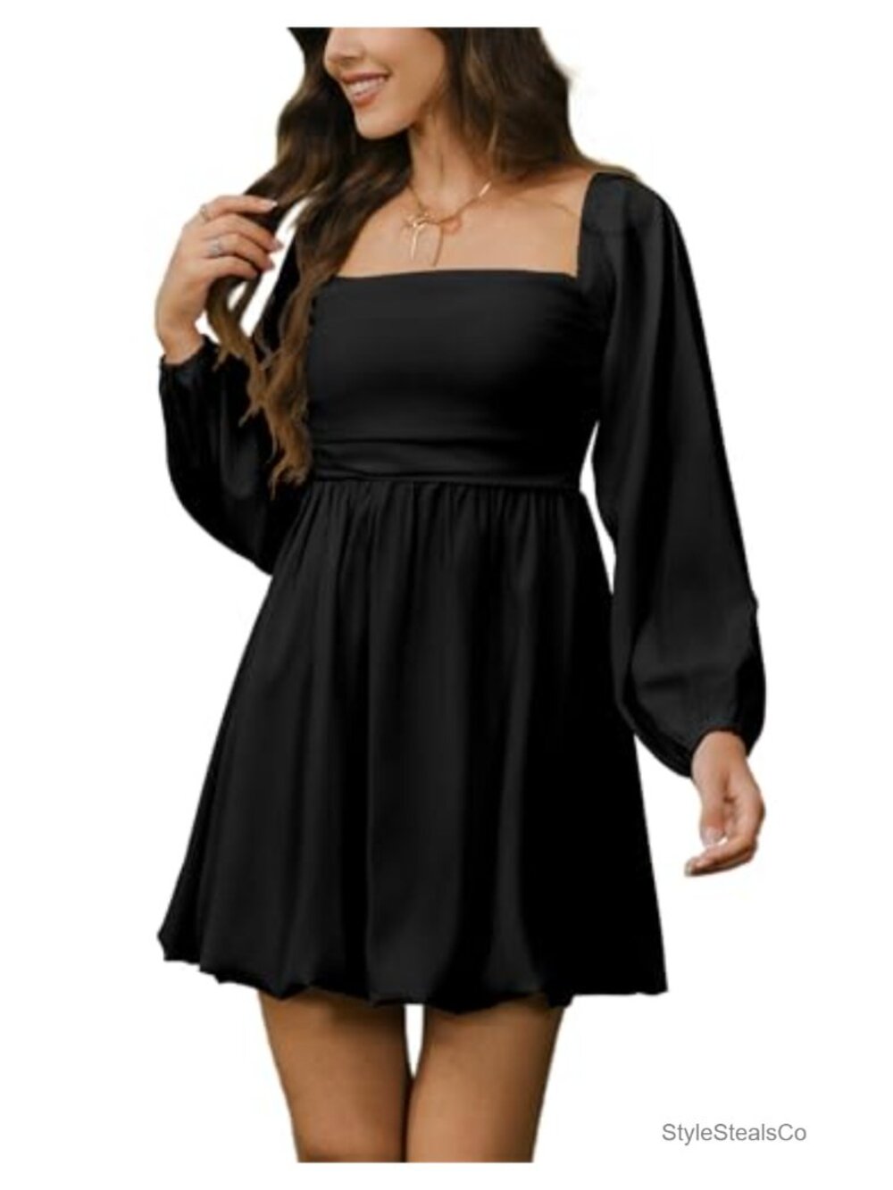 Women's Square Neck Long Sleeve Bubble Mini Dress Pleated Smocked A Line